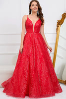 Load image into Gallery viewer, Deep V-Neck Backless Red Ball Gown Dress