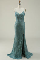Load image into Gallery viewer, Sparkly Spaghetti Straps Sequins Green Long Formal Dress with Slit