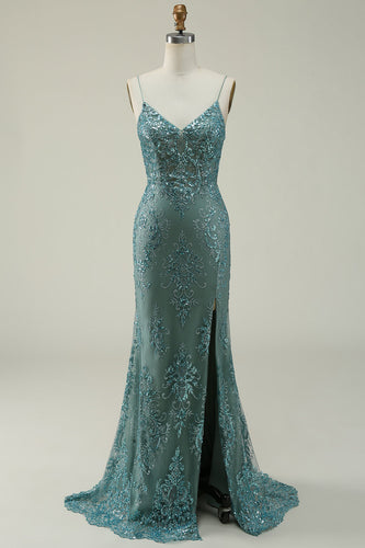 Sparkly Spaghetti Straps Sequins Green Long Formal Dress with Slit