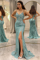 Load image into Gallery viewer, Green Mermaid Long Appliqued Formal Dress With Slit