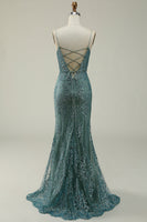 Load image into Gallery viewer, Sparkly Spaghetti Straps Sequins Green Long Formal Dress with Slit