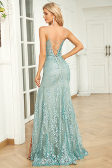 Spaghetti Straps Sparkly Sequins Green Long Formal Dress with Slit