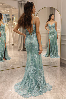 Green Mermaid Long Appliqued Formal Dress With Slit