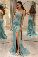 Load image into Gallery viewer, Green Mermaid Long Appliqued Formal Dress With Slit