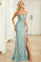 Load image into Gallery viewer, Spaghetti Straps Sparkly Sequins Green Long Formal Dress with Slit