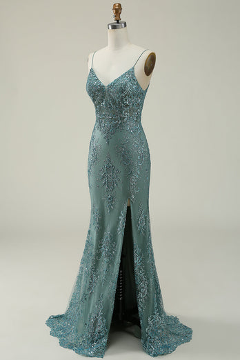 Sparkly Spaghetti Straps Sequins Green Long Formal Dress with Slit