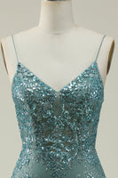 Load image into Gallery viewer, Sparkly Spaghetti Straps Sequins Green Long Formal Dress with Slit