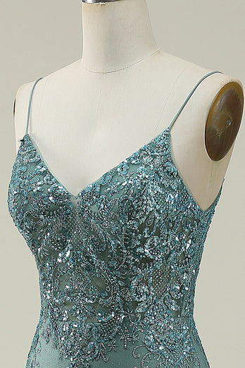 Sparkly Spaghetti Straps Sequins Green Long Formal Dress with Slit