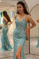 Load image into Gallery viewer, Green Mermaid Long Appliqued Formal Dress With Slit