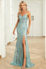 Load image into Gallery viewer, Spaghetti Straps Sparkly Sequins Green Long Formal Dress with Slit