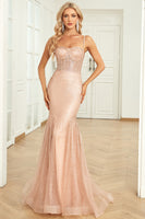 Load image into Gallery viewer, Glitter Mermaid Spaghetti Straps Blush Corset Formal Dress