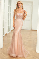Load image into Gallery viewer, Glitter Mermaid Spaghetti Straps Blush Corset Formal Dress