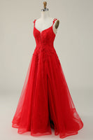 Load image into Gallery viewer, Tulle Spaghetti Straps Dark Green Long Formal Dress with Appliques