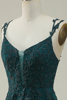 Load image into Gallery viewer, Tulle Spaghetti Straps Dark Green Long Formal Dress with Appliques