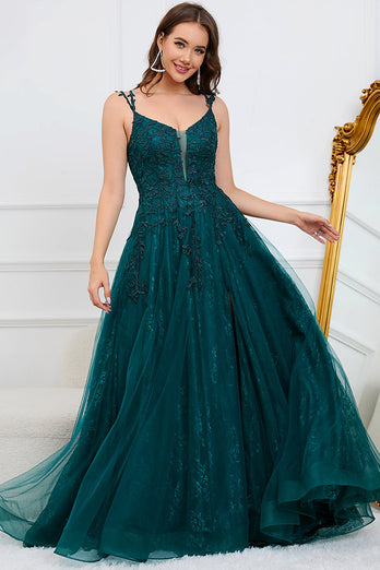 A-Line Spaghetti Straps Dark Green Ball Gown Dress with Appliques