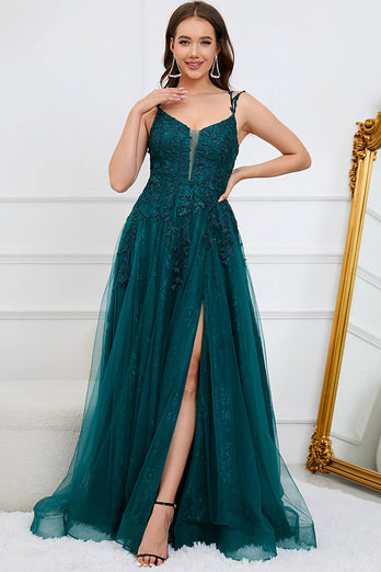 A-Line Spaghetti Straps Dark Green Ball Gown Dress with Appliques