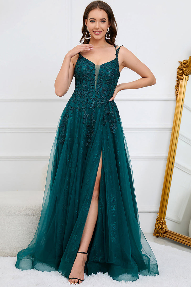 Load image into Gallery viewer, A-Line Spaghetti Straps Dark Green Ball Gown Dress with Appliques