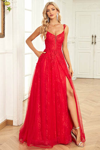 Tulle Red Ball Gown Dress with Appliques