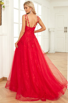 Tulle Red Ball Gown Dress with Appliques