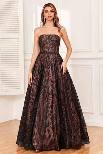 Black Strapless A Line Long Formal Dress with Beading