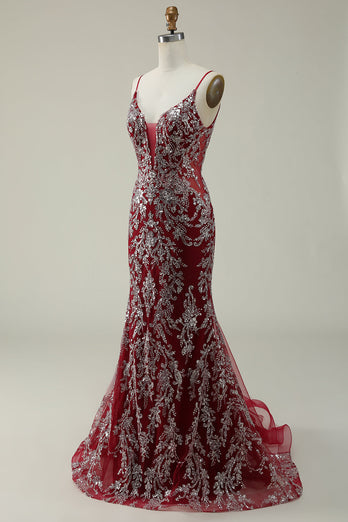 Mermaid Spaghetti Straps Sequins Burgundy Long Formal Dress with Bronzing