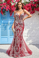 Load image into Gallery viewer, Sparkly Spaghetti Straps Mermaid Burgundy Long Formal Dress with Bronzing