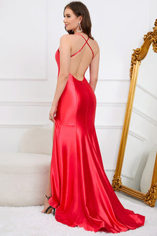 Mermaid Backless Red Long Formal Dress with Slit