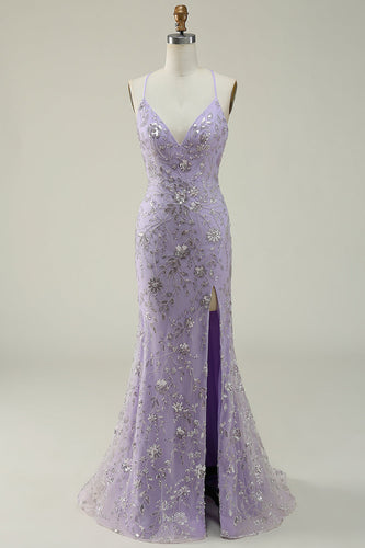 Sparkly Mermaid V-Neck Sequins Purple Long Formal Dress with Slit