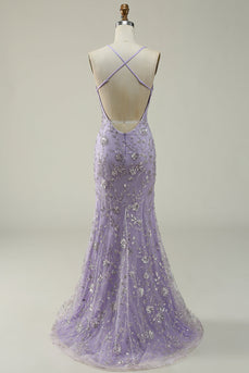 Sparkly Mermaid V-Neck Sequins Purple Long Formal Dress with Slit