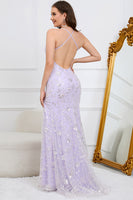 Load image into Gallery viewer, V-Neck Sparkly Mermaid Sequins Purple Long Formal Dress with Slit