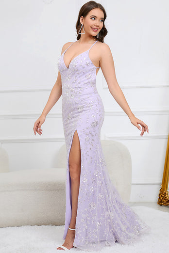 V-Neck Sparkly Mermaid Sequins Purple Long Formal Dress with Slit