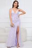 Load image into Gallery viewer, V-Neck Sparkly Mermaid Sequins Purple Long Formal Dress with Slit