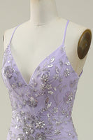 Load image into Gallery viewer, Sparkly Mermaid V-Neck Sequins Purple Long Formal Dress with Slit