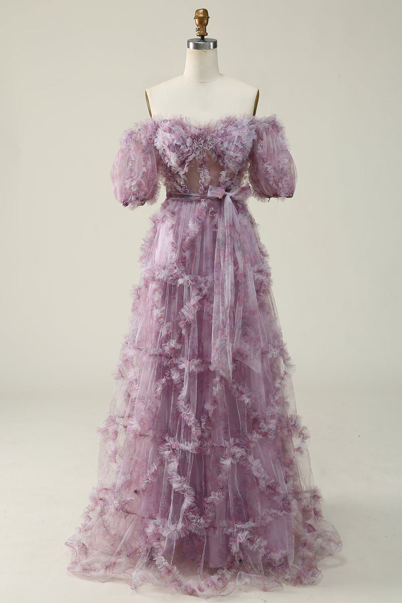 Load image into Gallery viewer, Off The Shoulder Tulle Printed Purple Long Formal Dress
