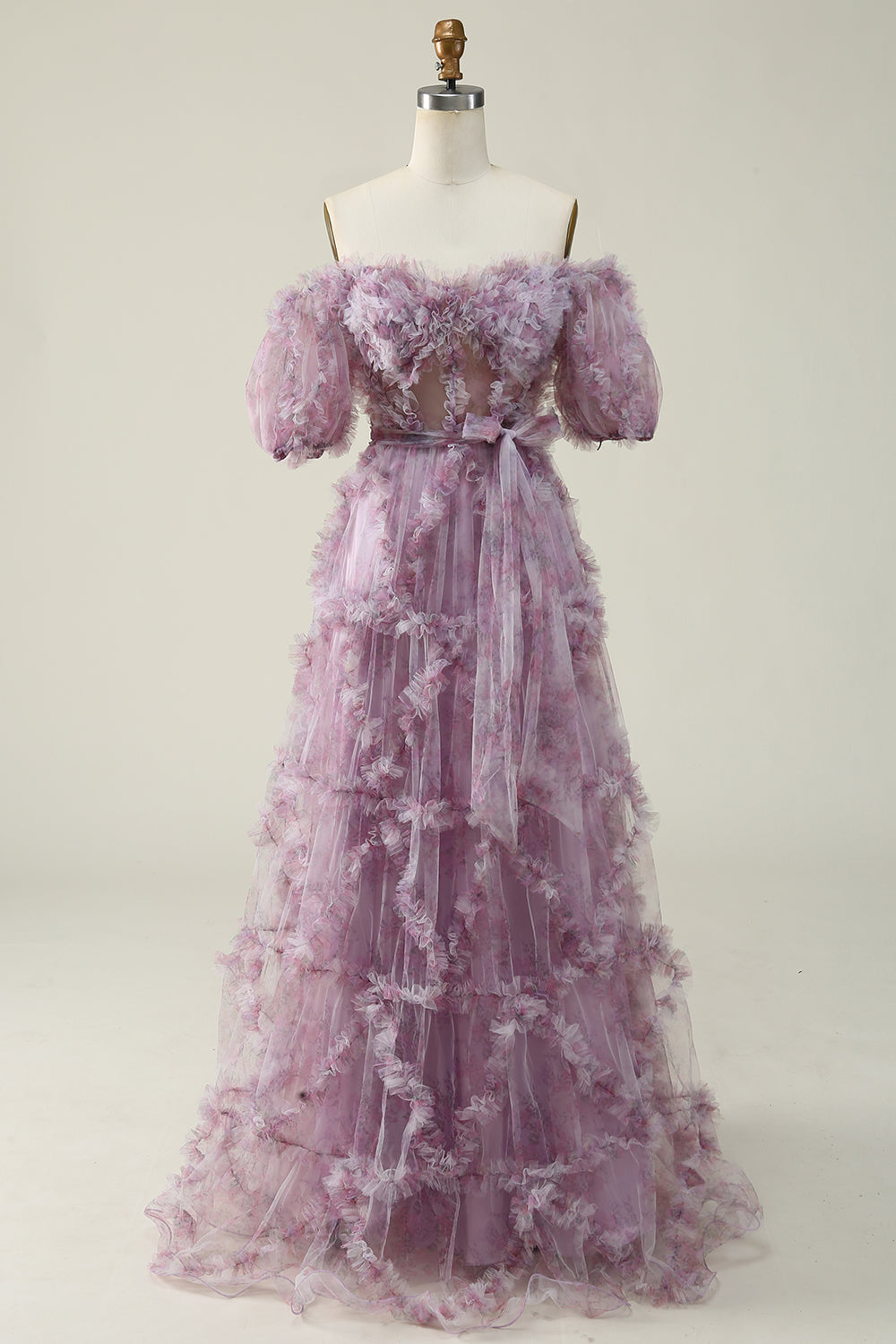 Off The Shoulder Tulle Printed Purple Long Formal Dress