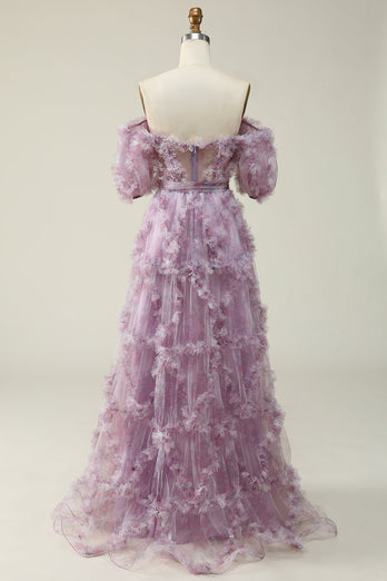 Off The Shoulder Tulle Printed Purple Long Formal Dress