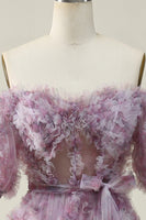 Load image into Gallery viewer, Off The Shoulder Tulle Printed Purple Long Formal Dress