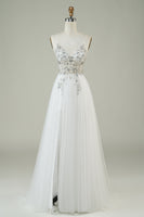 Load image into Gallery viewer, Gorgeous A Line Spaghetti Straps White Tulle Long Wedding Dress with Beading