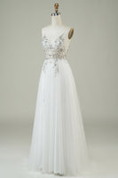Load image into Gallery viewer, Gorgeous A Line Spaghetti Straps White Tulle Long Wedding Dress with Beading
