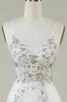 Load image into Gallery viewer, Gorgeous A Line Spaghetti Straps White Tulle Long Wedding Dress with Beading