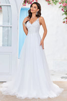 Load image into Gallery viewer, Ivory V-Neck Tulle Sweep Train A Line Wedding Dress with Lace