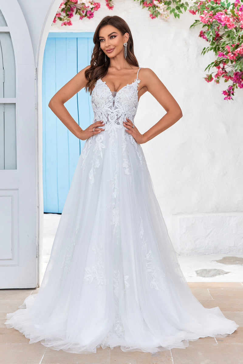 Load image into Gallery viewer, Ivory Criss-Cross Straps Back A-Line Tulle Wedding Dress