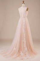 Load image into Gallery viewer, Tulle Halter Keyhole Champagne Wedding Dress with Appliques