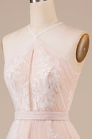 Load image into Gallery viewer, Tulle Halter Keyhole Champagne Wedding Dress with Appliques