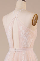 Load image into Gallery viewer, Tulle Halter Keyhole Champagne Wedding Dress with Appliques