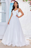 Load image into Gallery viewer, Simple Ivory Organza Scoop Neck Sweep Train A Line Wedding Dress