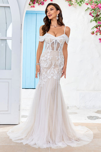 Mermaid Ivory and Champagne Wedding Dress with Appliques
